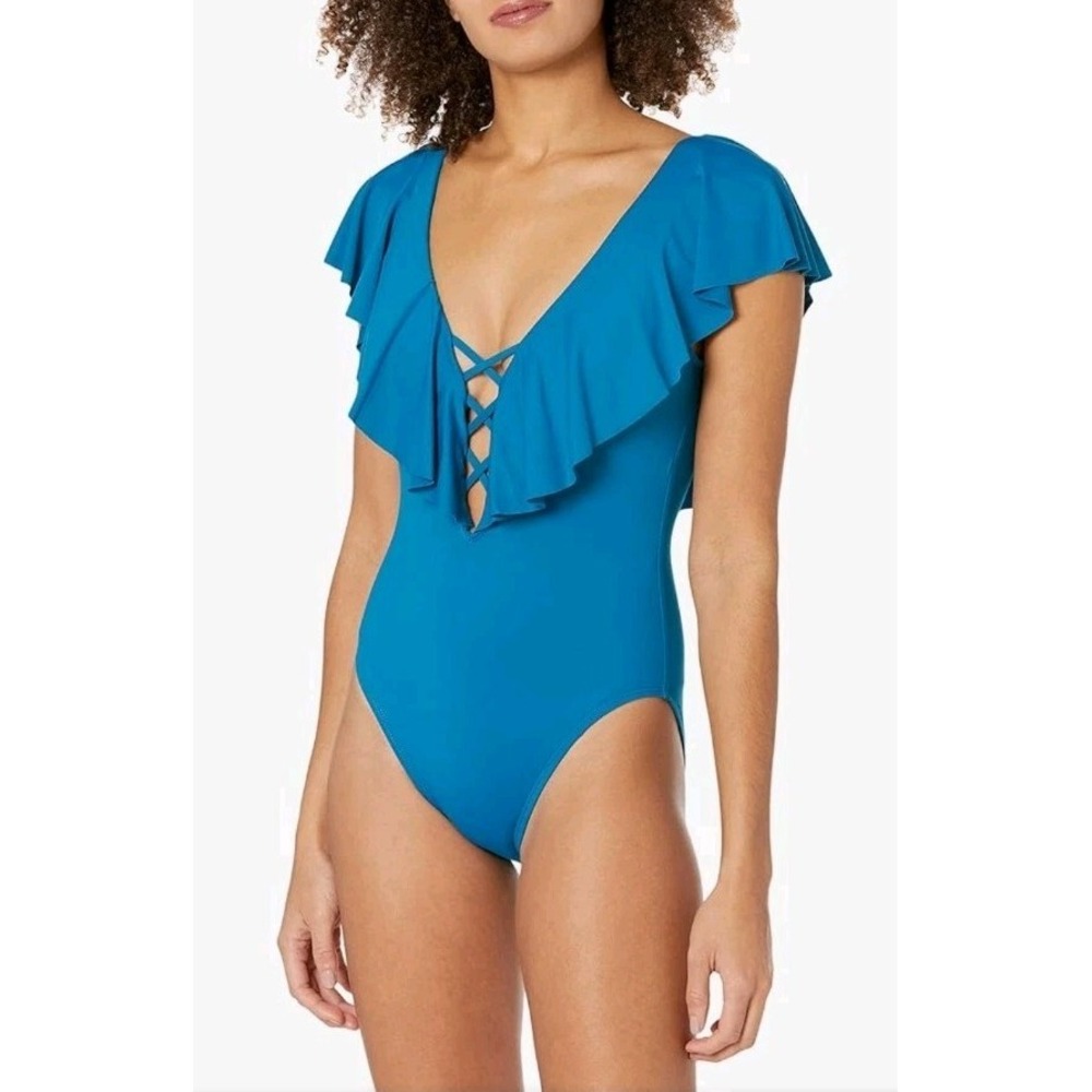 Women V-Neck Front Strappy Ruffle One Piece Swimsuit Teal Blue Size Large